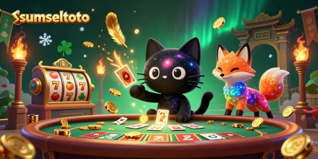 Experience the cosmic thrills of sumseltoto with a 3D black hole cat and a nebula fox at a casino table.