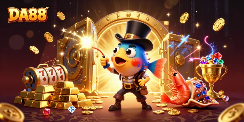 Bet on treasures while experiencing the excitement of DA88 with glowing coins, gems, and vibrant characters.