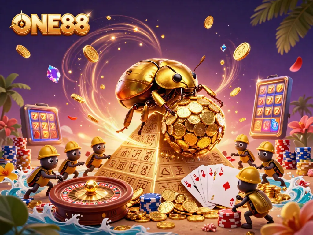 Experience the thrill of ONE88 as golden dung beetles roll coins in a vibrant casino scene.