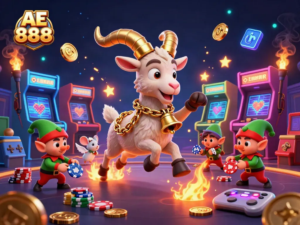 Engage with AE 888 at the holiday horror casino, featuring lively 3D characters and vibrant game elements.