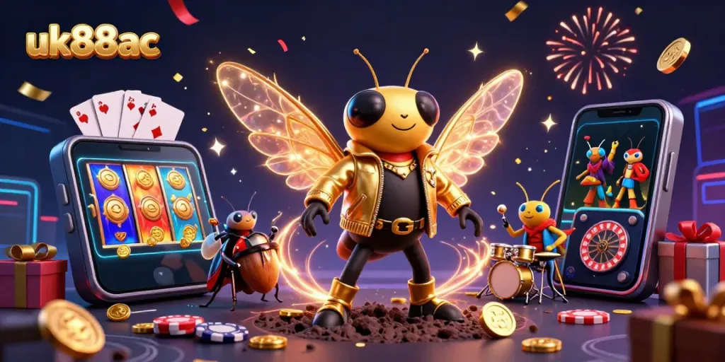 Experience thrilling gaming at uk88ac with a lively casino illustration featuring vibrant characters and games.
