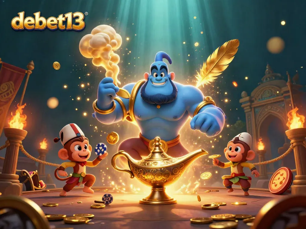 Engage with debet13's thrilling gaming world in this vibrant, atlantic-themed 3D illustration full of magical elements.