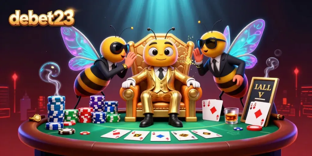 Catch the vibrant scene of debet23 with a bumblebee mob boss and poker action in a honeycomb throne room.