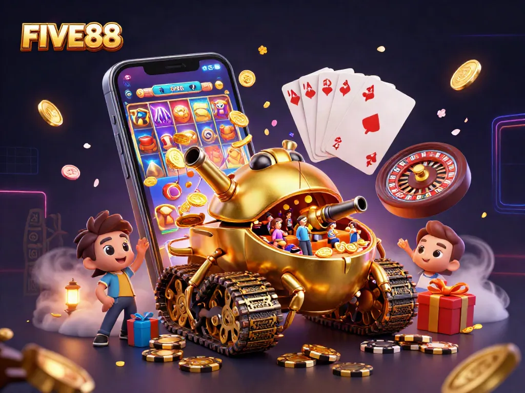 Experience the excitement of FIVE88 with a thrilling 3D casino atmosphere featuring golden tanks and vibrant games.