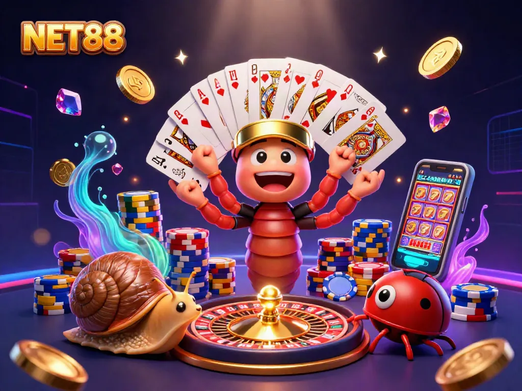 Experience thrilling NET88 action with a vibrant 3D casino scene featuring a millipede dealer and exciting game elements.