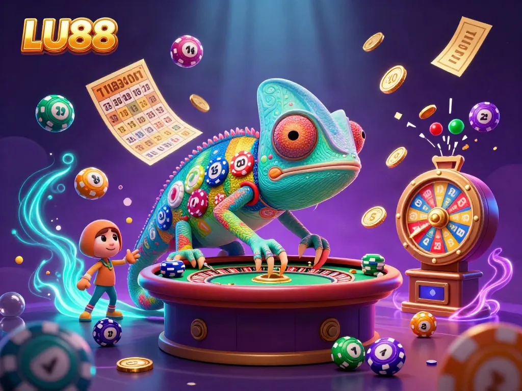 LU88 chameleon casino owner captures golden coins amid colorful lottery elements in a vibrant scene.
