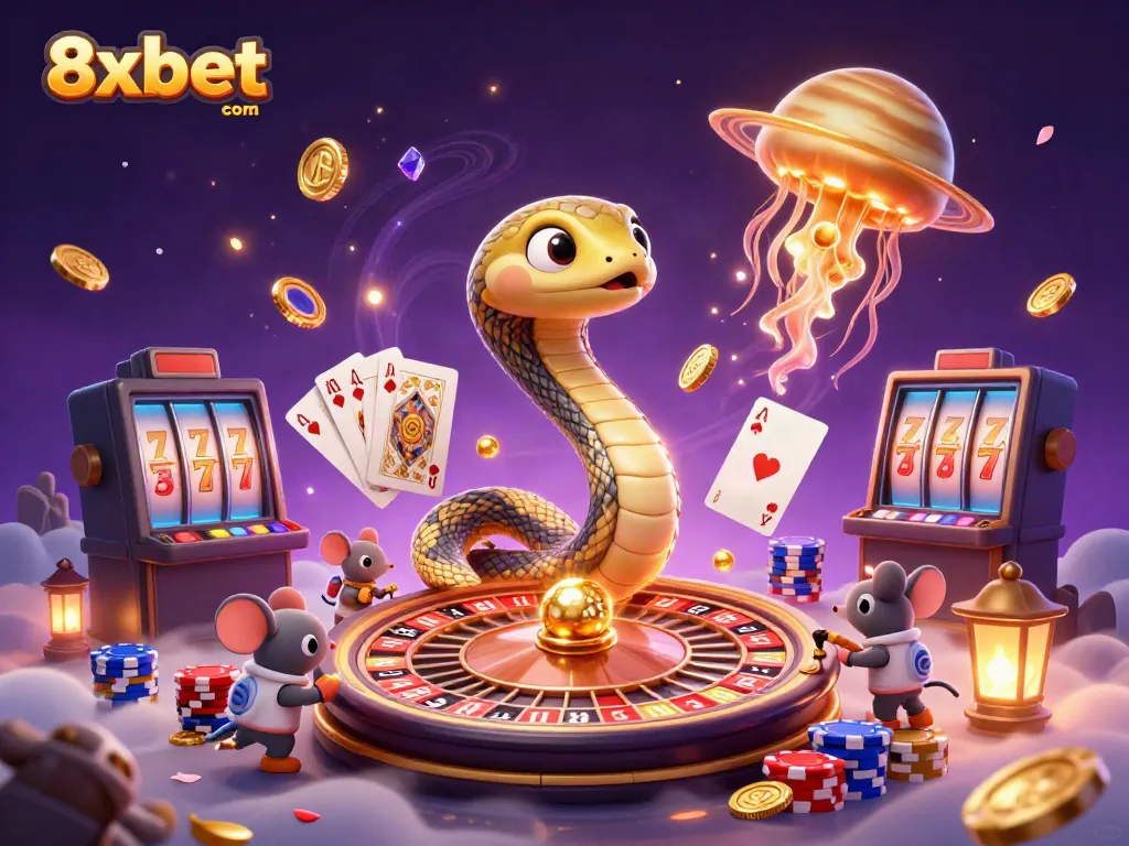 Bet on 8xbet com with astronauts and a cosmic dealer in a vibrant casino scene.