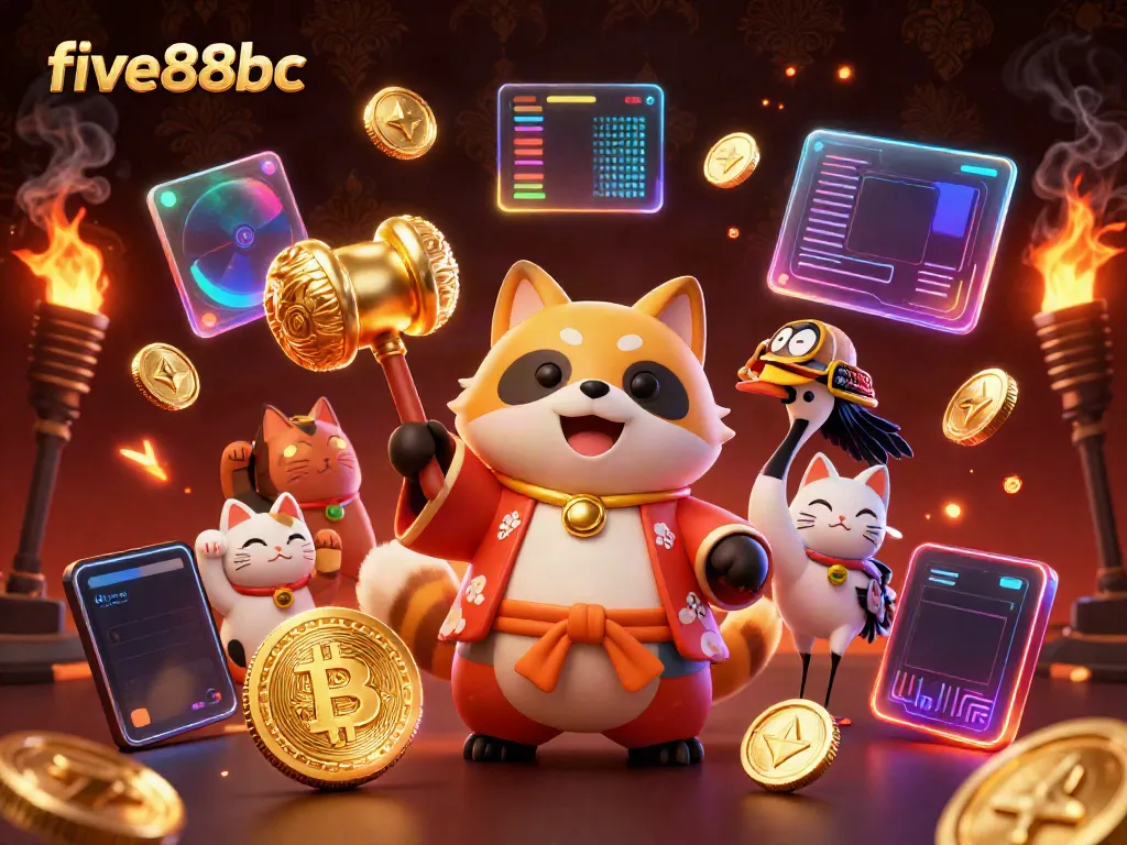 Engage in thrilling gameplay at five88bc with a vibrant casino scene featuring lucky symbols and crypto elements.