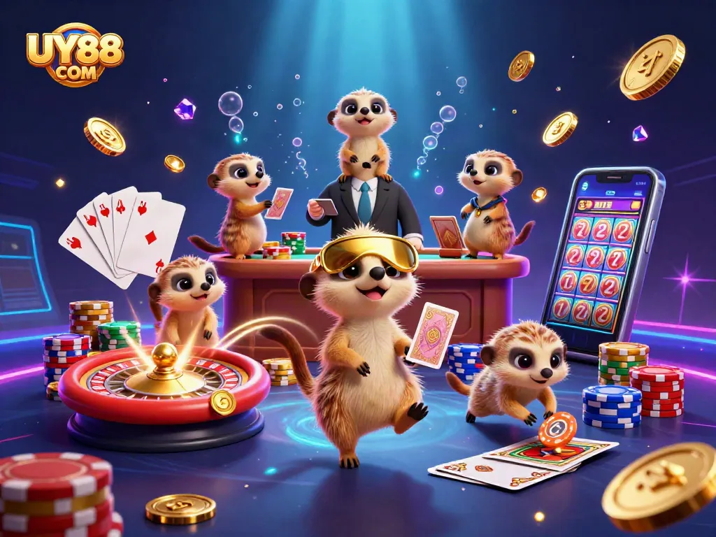 Experience the excitement at UY88 COM with our dynamic meerkat casino scene filled with golden treasures and vibrant gameplay.