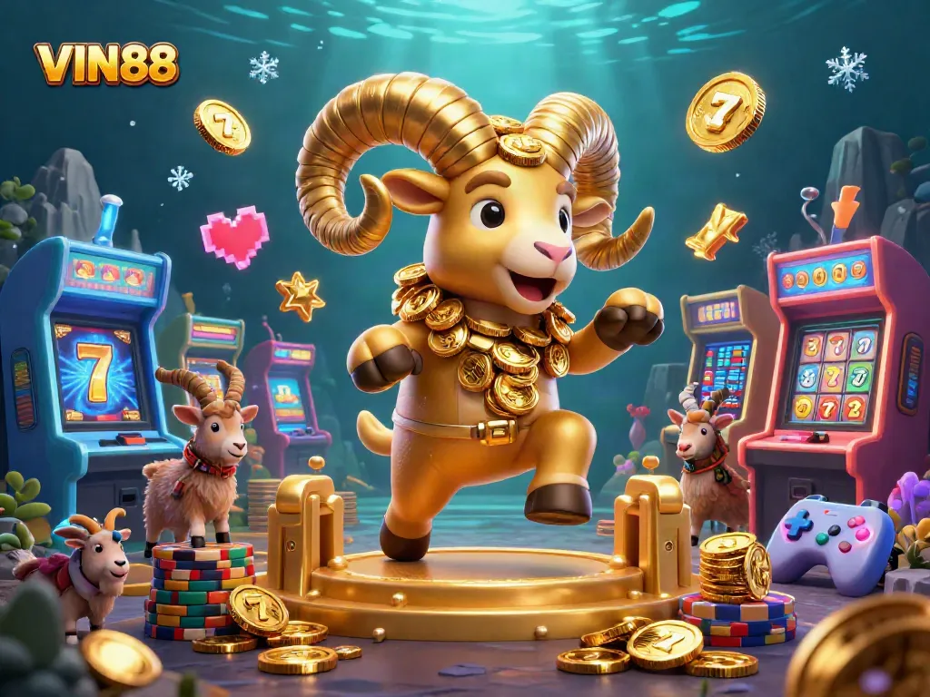 Experience the thrilling gameplay at VIN88, featuring a 3D golden ram charging with casino slots and jackpot elements.