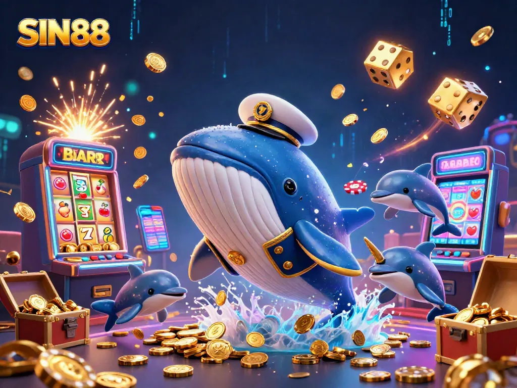 SIN88's vibrant gaming world features whales and dolphins amidst jackpot slot machines.