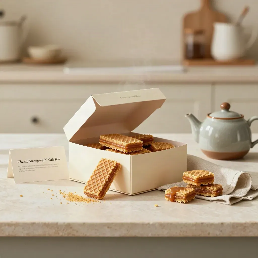 Open stroopwafel gift box with caramel wafers, teapot, linen napkin and drifting crumbs.