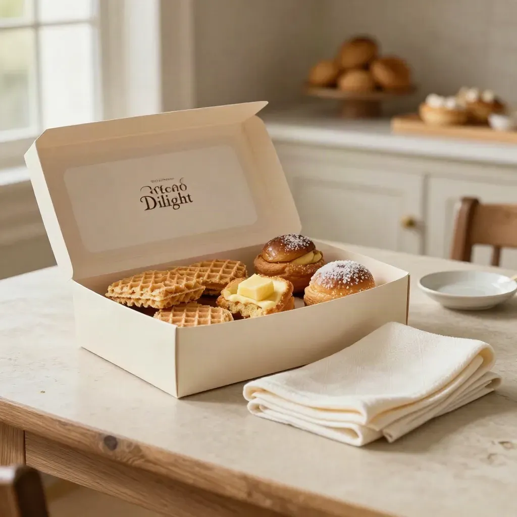 Open box of Dutch treats on stone table with towel and dish, softly lit in a bakery studio.