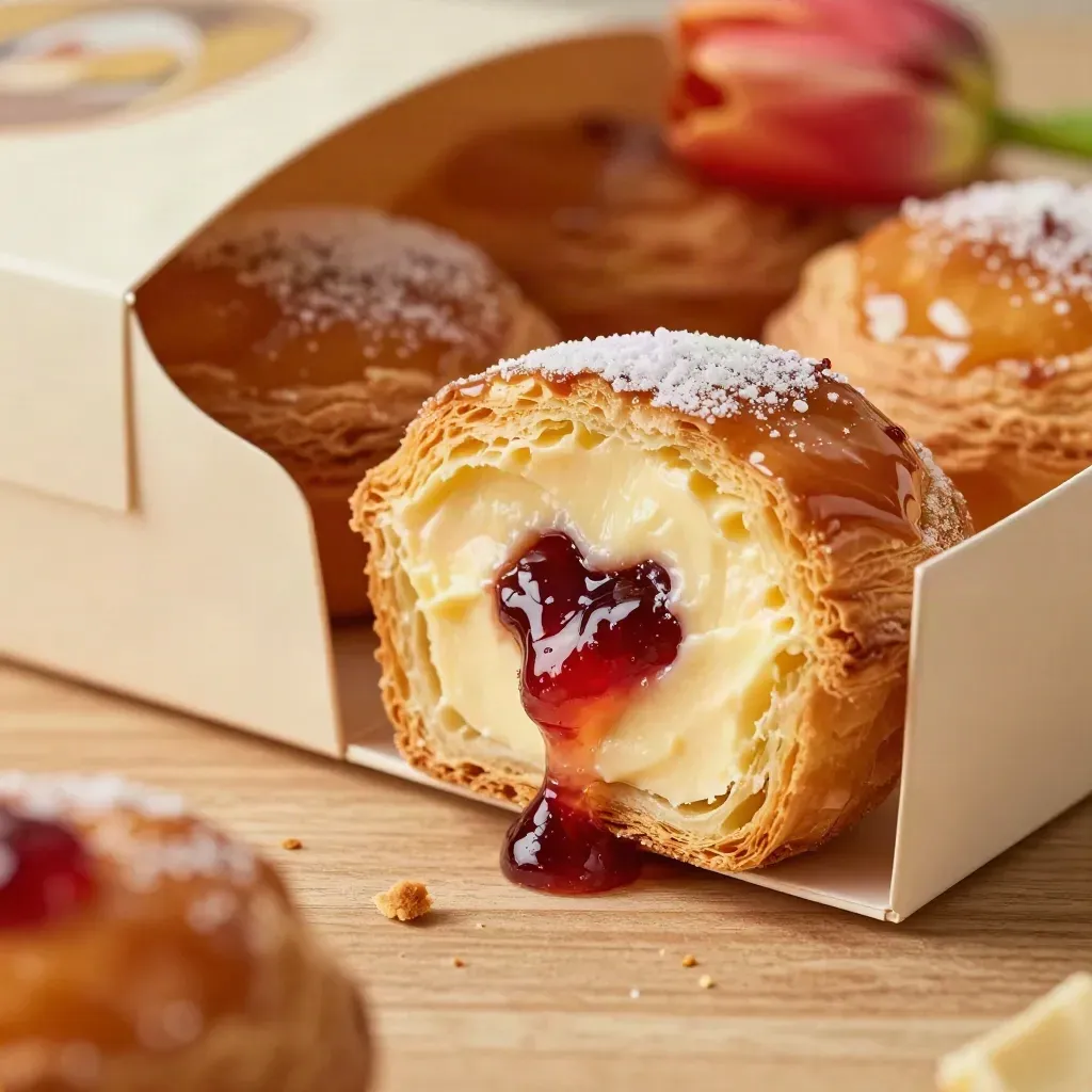 Split jam-and-cream pastries in a box on warm wood, close side view with glossy filling