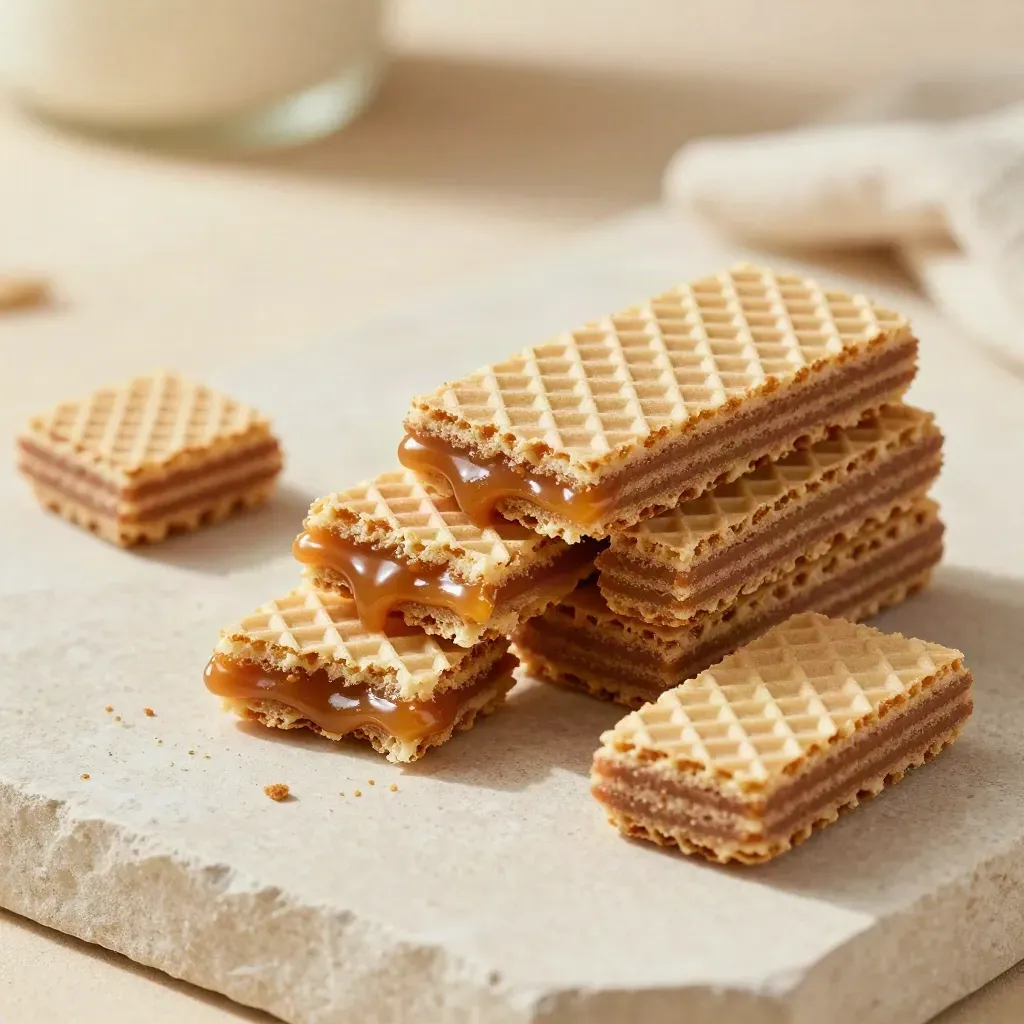 Top-down macro of a stroopwafel party box with fanned caramel wafers and crumbs on pale stone.
