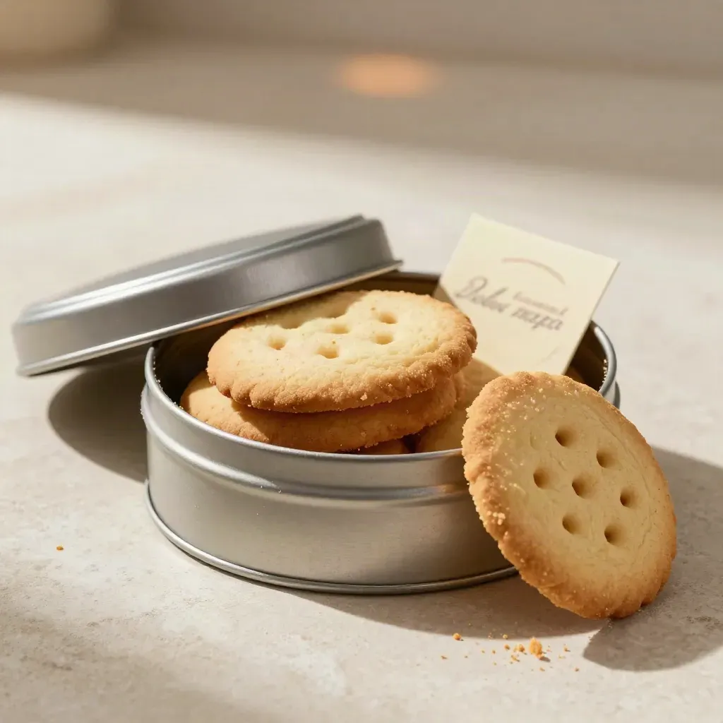 Open Dutch cookie tin with stacked butter biscuits on pale stone, crumbs drifting in soft daylight.