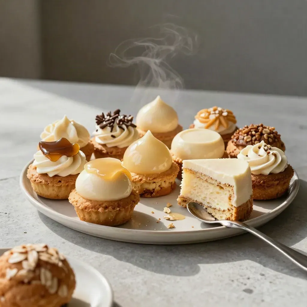 Mini cakes and pastries on a stone platter with a cut slice and spoon, shot from above.