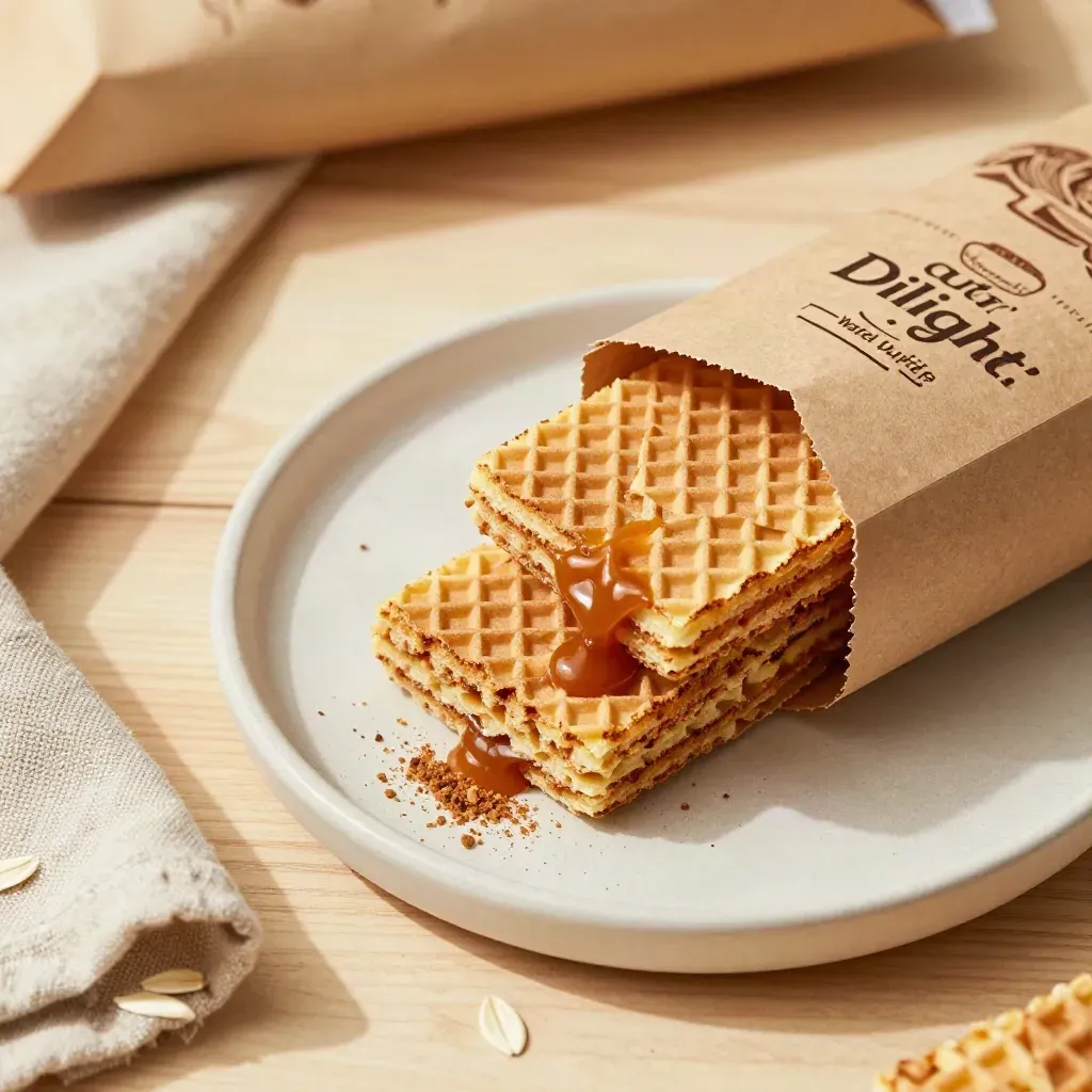 Top-down stroopwafel bundle in kraft wrap on pale wood with crumbs and a tray.
