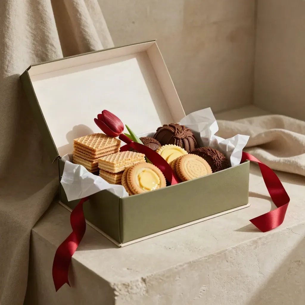 Opened gift hamper box with Dutch sweets, tissue paper, and a curling red ribbon on plaster.
