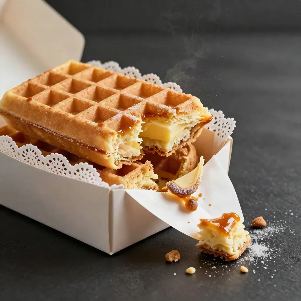 Open treat box with stroopwafels, butter cake and pastries bursting across a dark studio surface.