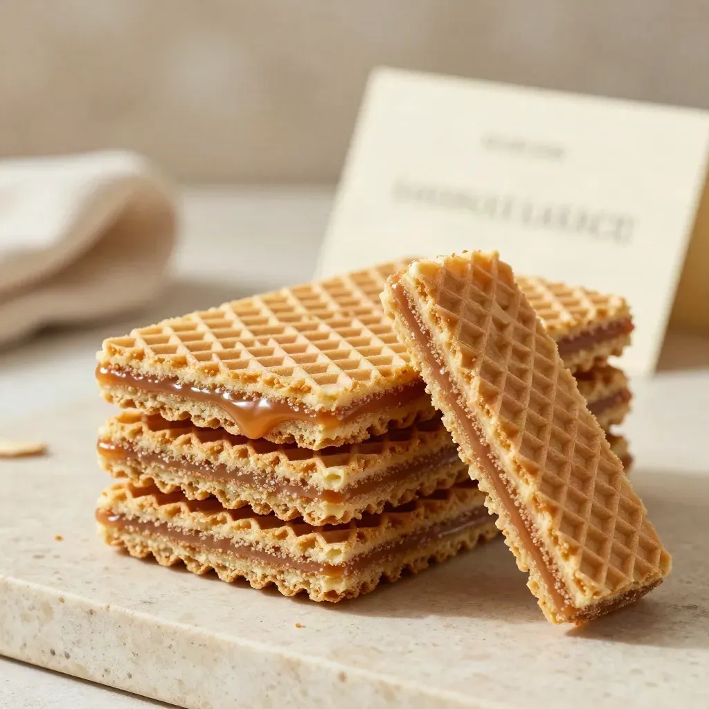 Caramel stroopwafel stack on pale stone with a softly blurred cream card behind.