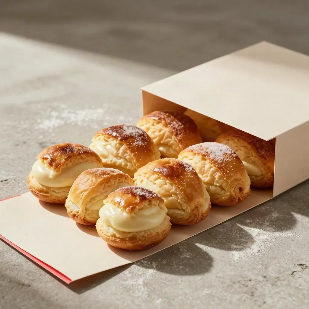 Cream-filled pastry box with eight pastries on stone, one tilted, cream peeking, tulip-red accent.