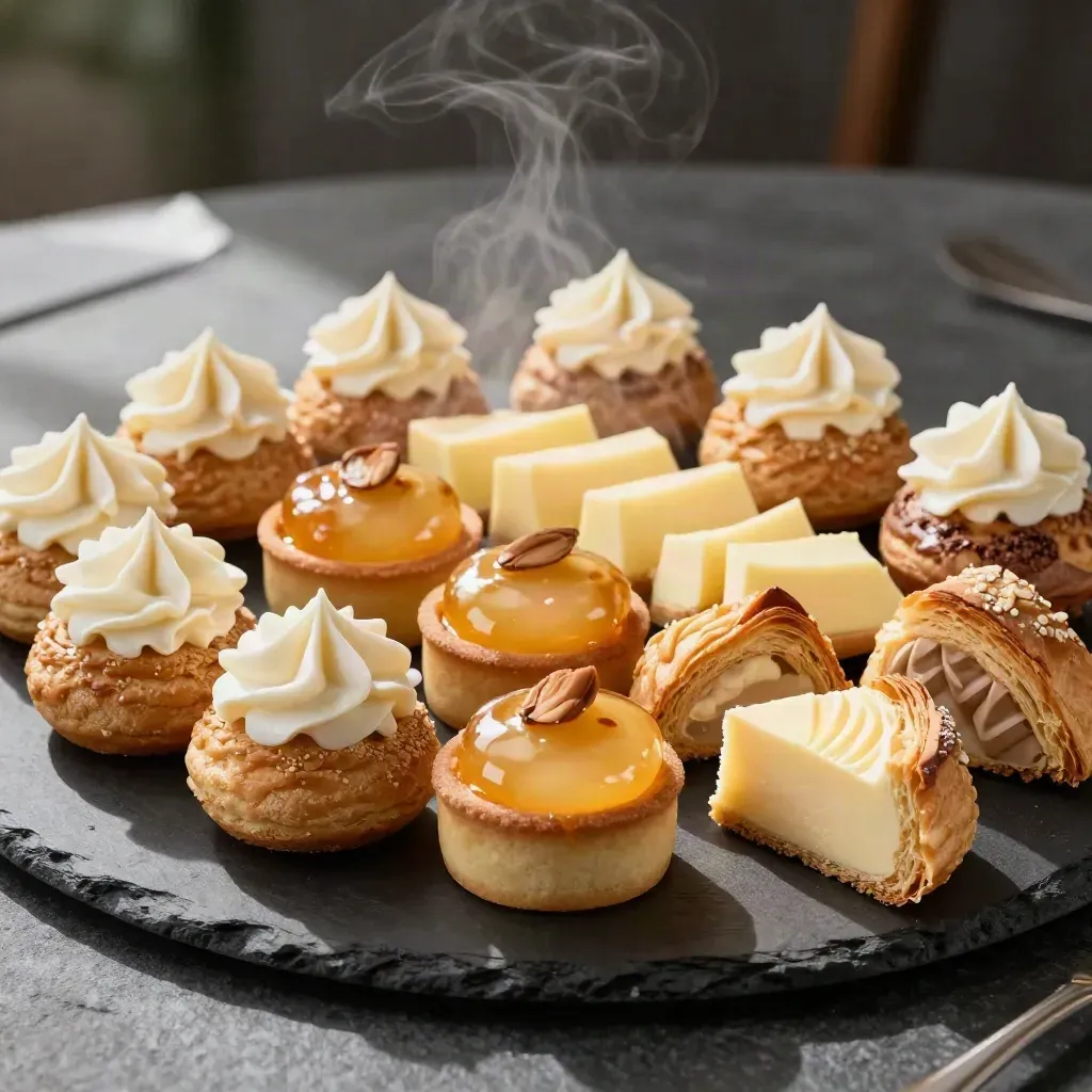 Extreme macro of a mixed dessert platter with cream puffs, mini tarts, cake slices, and one missing slice.