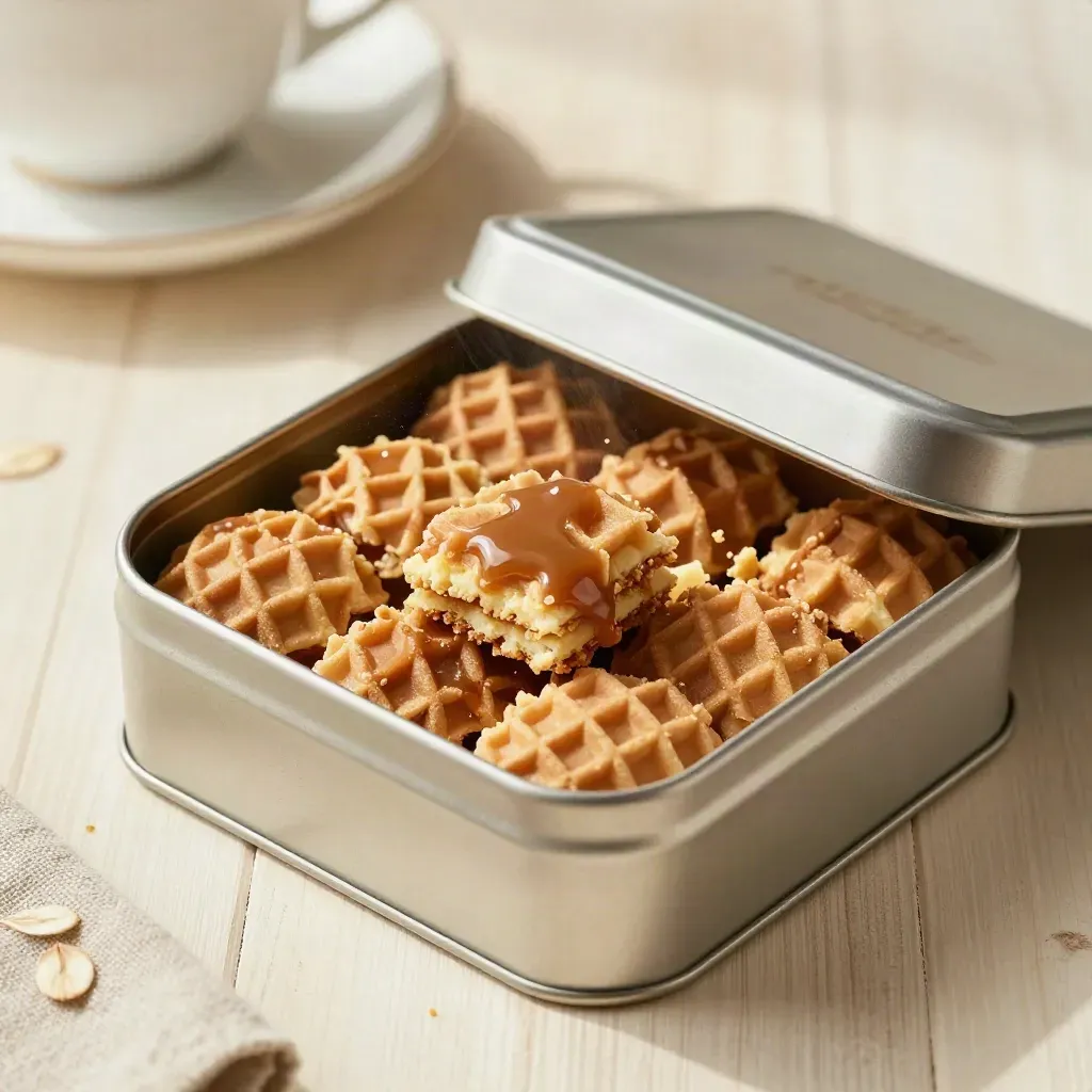 Open cream tin of stroopwafels on pale wood with crumbs and soft daylight