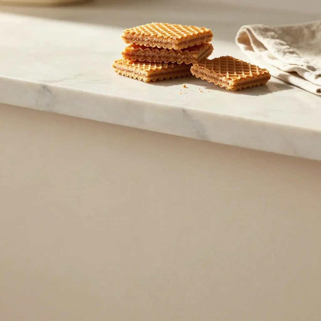 Stroopwafels on a sunlit marble counter with calm space below for headline copy.