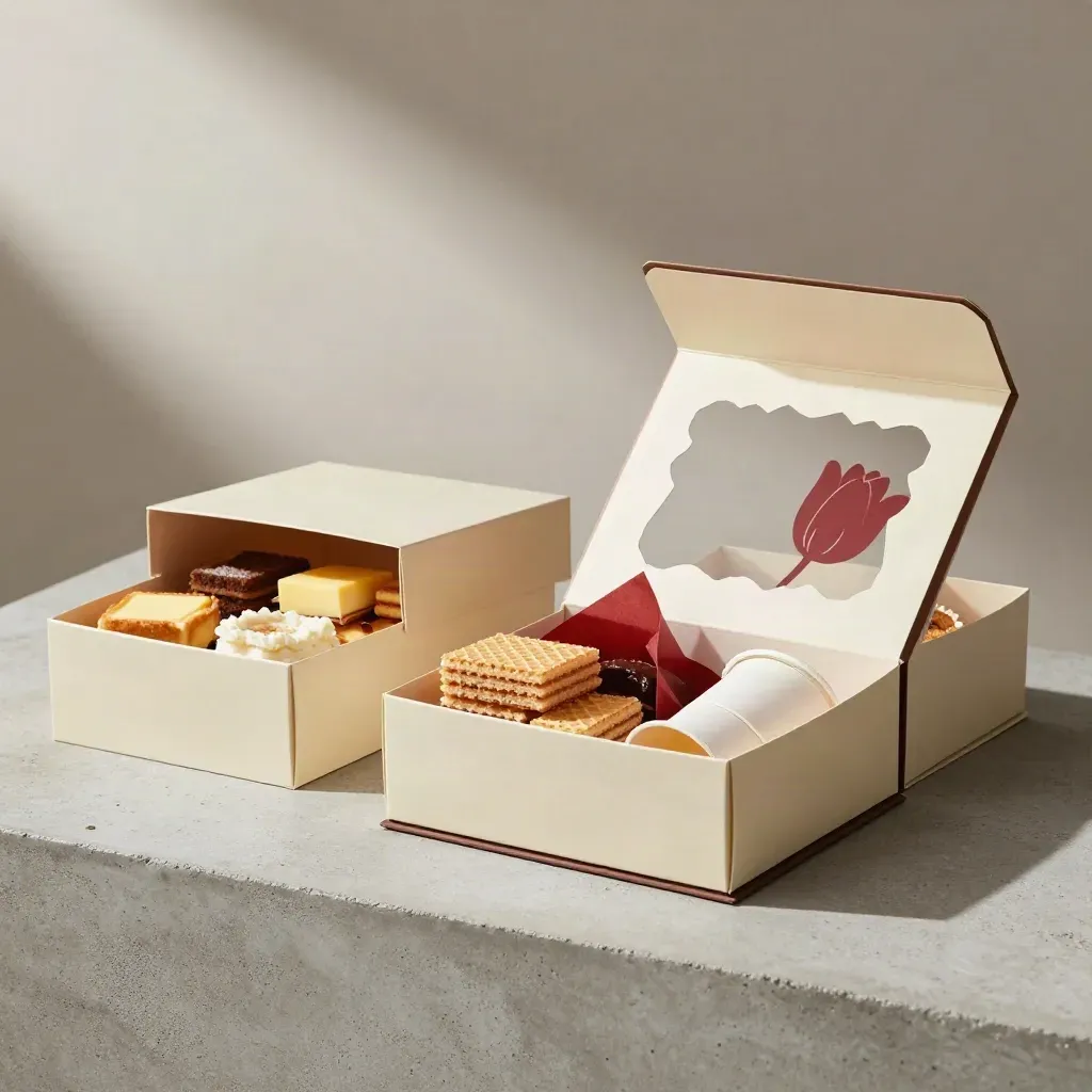 Three Dutch gift hamper boxes on concrete, one open with mixed treats and red tissue.