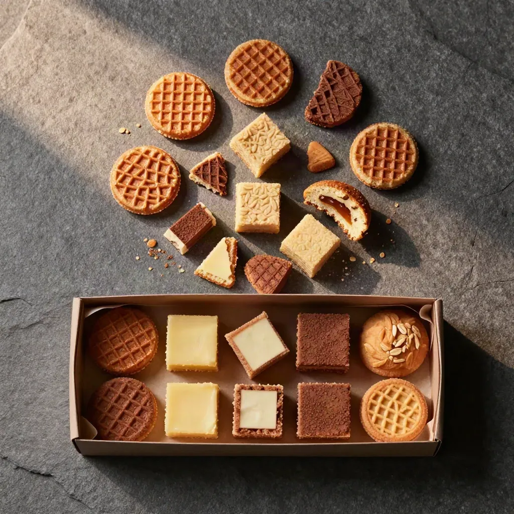 Overhead box of mixed Dutch mini treats with crumbs and one half-eaten bite on warm stone.