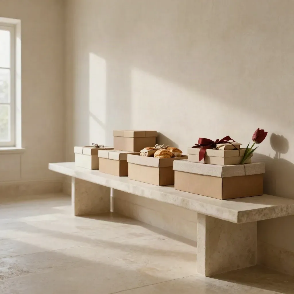 Stone hallway with stacked gift hamper boxes on a bench, sunlit and spacious.