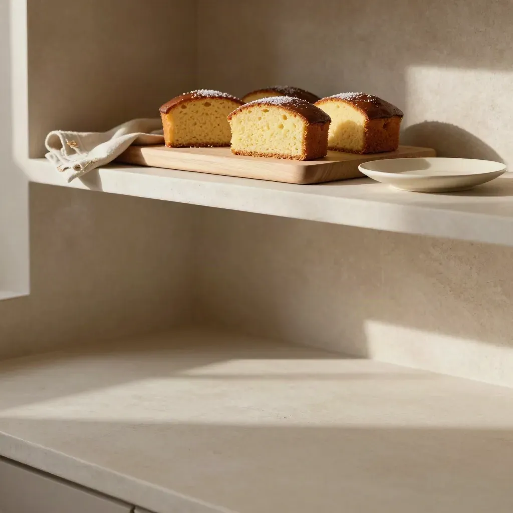 Butter cakes on a pale wooden board in a sunlit bakery shelf interior
