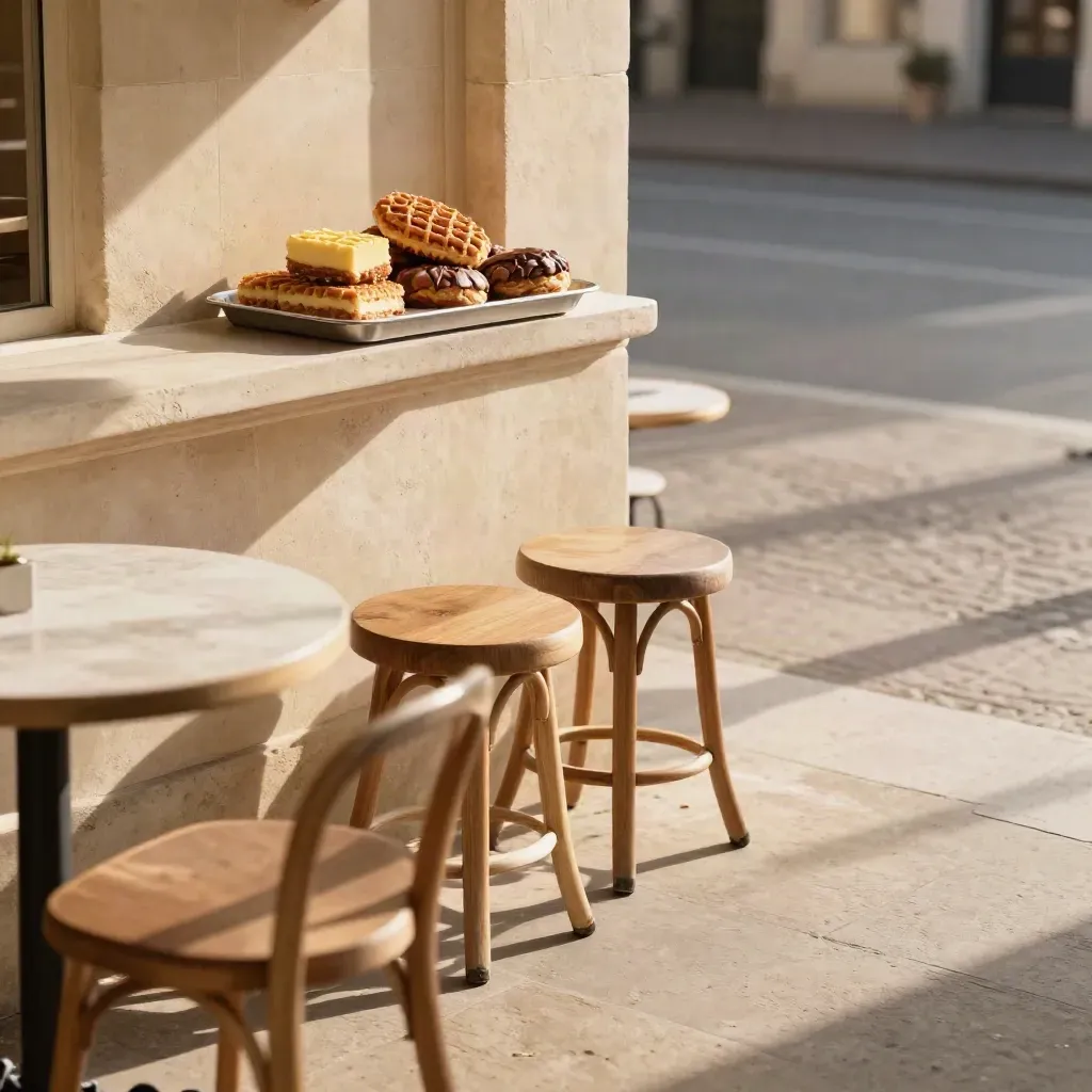 Sunlit café terrace with pastries on a tray and calm stone tables below at golden hour