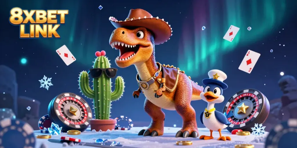 8XBET LINK showcasing a dynamic 3D cartoon casino scene with a dinosaur and poker elements