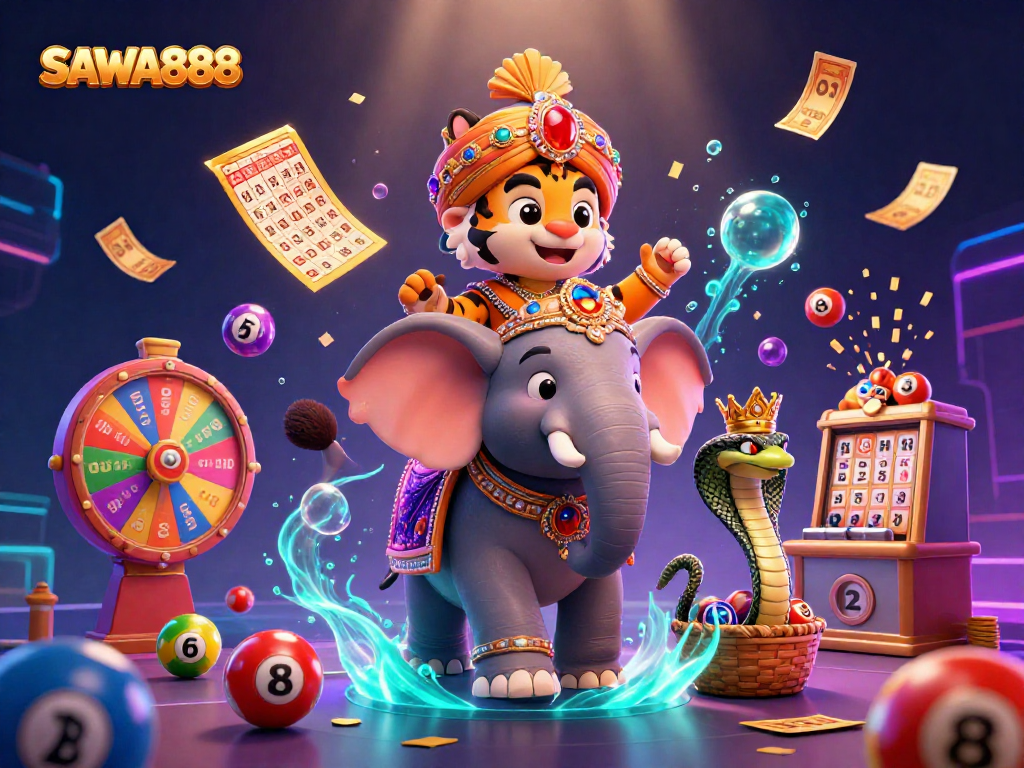 Experience thrilling gameplay at SAWA888 with vibrant lottery balls, golden tickets, and a mesmerizing maharaja scene.