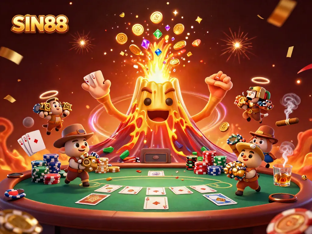 SIN88 showcases a vibrant casino scene with a triumphantly erupting volcano and treasure-laden animals amidst poker elements.