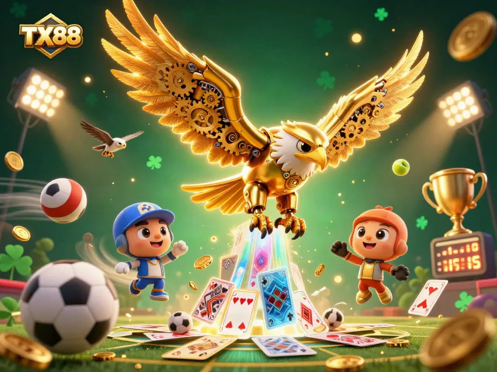 Engage with TX88 in a dazzling 3D illustration showcasing a cybernetic eagle amidst thriving gambling elements.