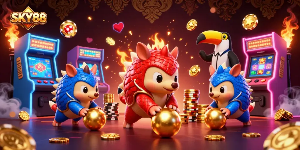SKY88 pangolins compete in an energetic casino scene rolling through poker chips and winning prizes.