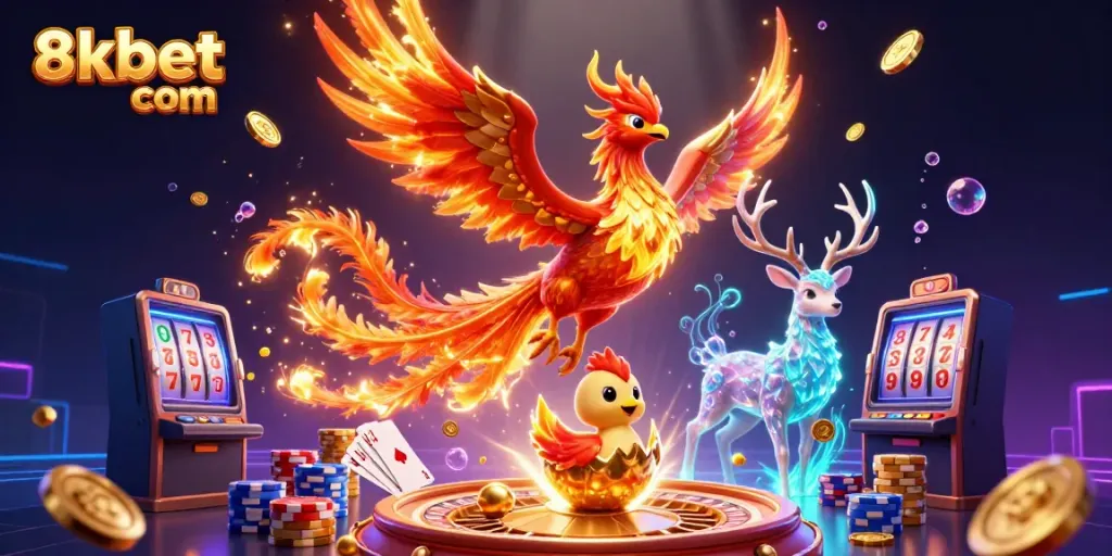 Engage in thrilling gaming adventures at 8xbet com featuring vibrant phoenixes and casino elements.