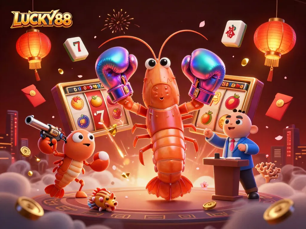 Experience the excitement of LUCKY88 with vibrant 3D casino characters and slot game elements.