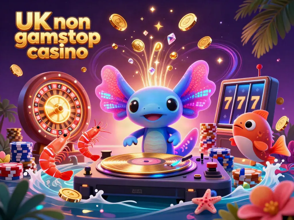 Experience the vibrant scene at a UK non gamstop casino featuring dynamic characters and casino elements.