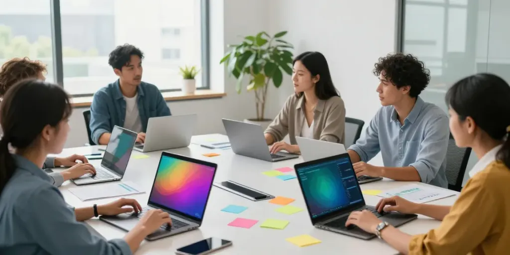Team collaboration in a modern office illustrating the concept of next page in innovative business strategies.
