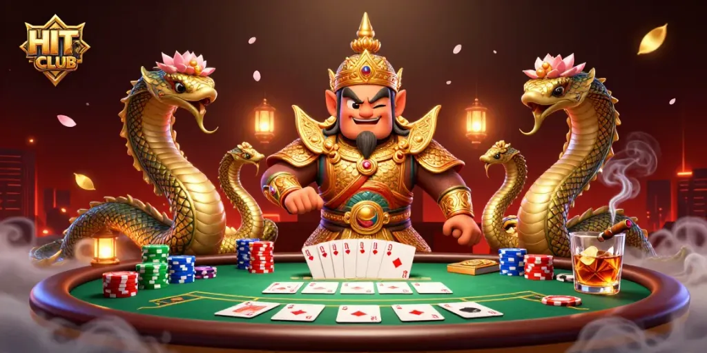 Engage with HITCLUB through this vibrant and dynamic poker scene showcasing a Thai temple guardian.