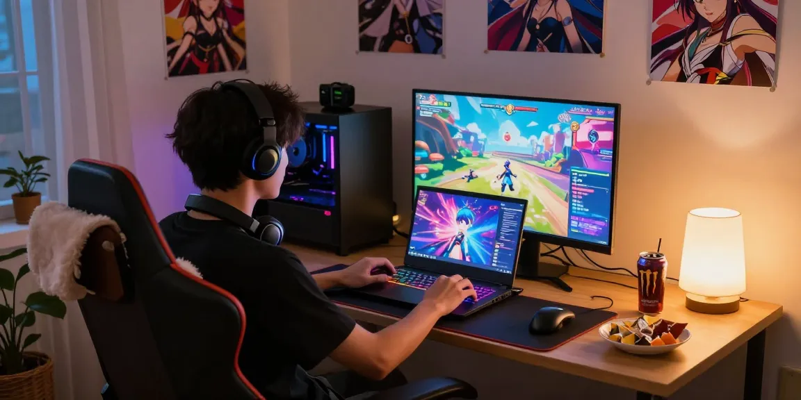 Gamer playing a vibrant hentai game in a cozy bedroom