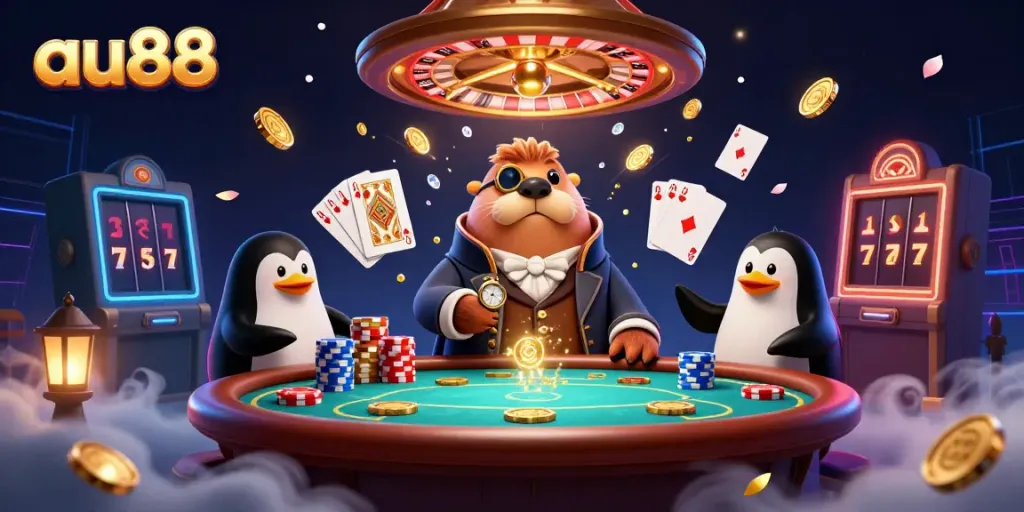 Experience thrilling poker action with au88 featuring a walrus, penguin dealer, and pufferfish player.