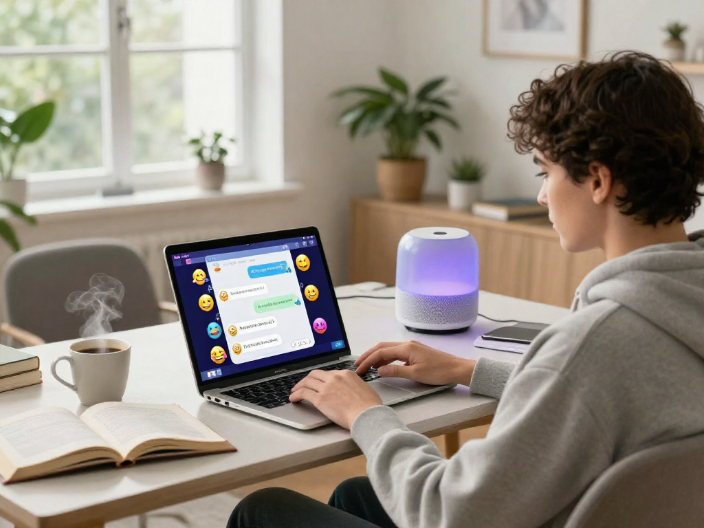 User engaging in a porn AI chat on a laptop in a cozy modern living room.