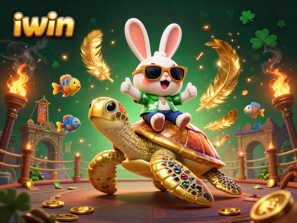 Engage in exciting gaming with iwin's vibrant casino illustration featuring a lucky rabbit and sea turtle.