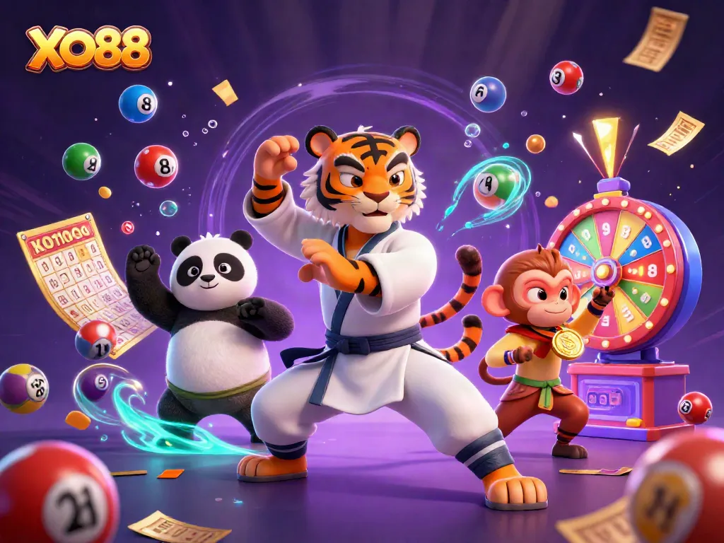 Experience thrilling gameplay at XO88 with colorful lottery elements and cartoon characters celebrating wins.