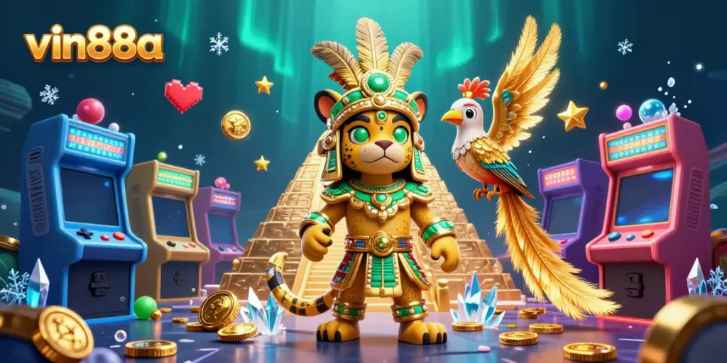 Experience vibrant gaming action with vin88a in a lively 3D casino scene featuring Mayan characters.